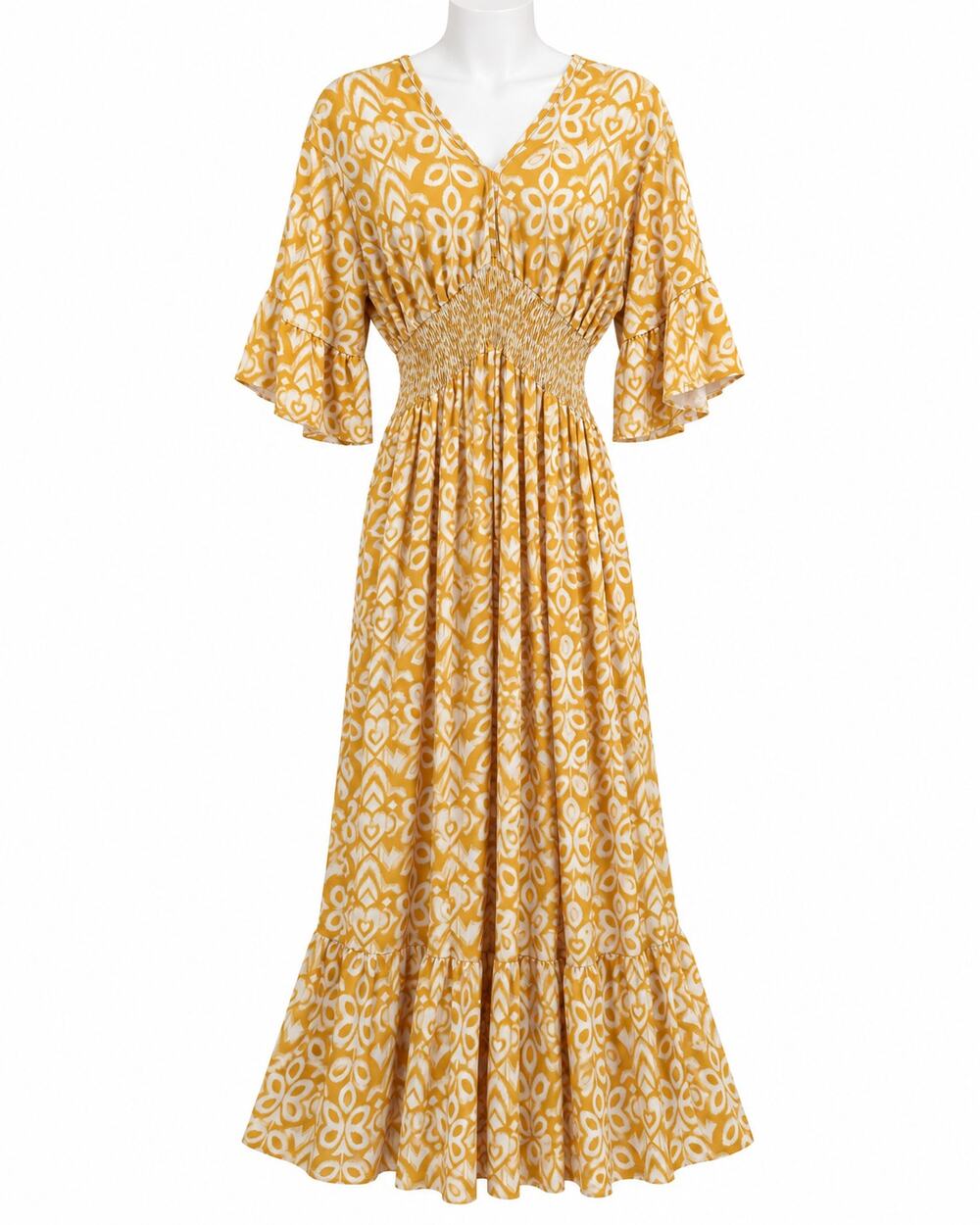 Fall Wedding Guest Maxi Dress Mustard Boho Smocked Waist Bell Sleeve Womens Sm